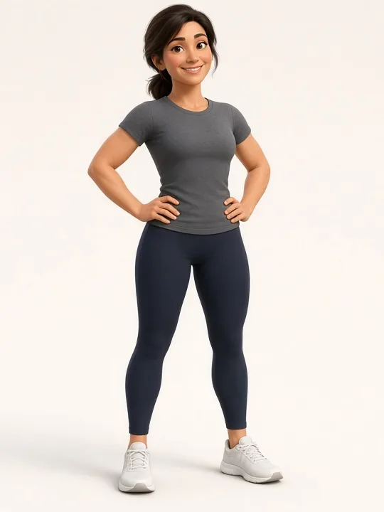 The same character lean, strong and confident, hands on hips