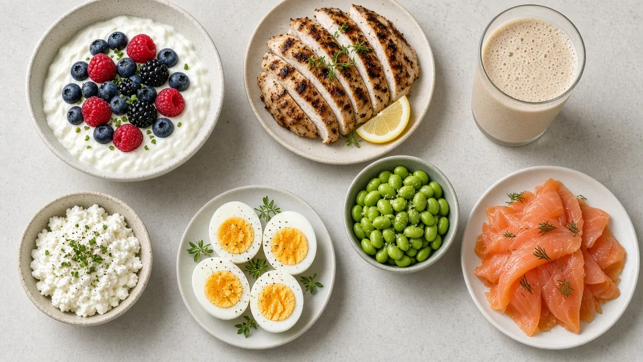High-protein small plates: Greek yogurt with berries, grilled chicken, eggs, cottage cheese, edamame, smoked salmon and a shake