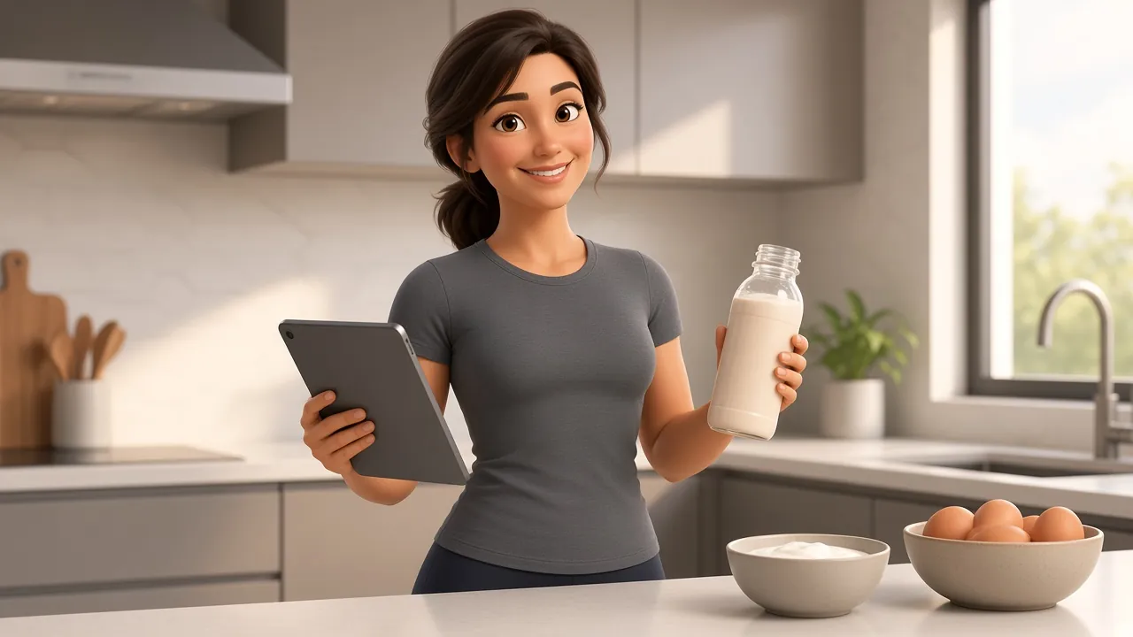 Illustrated character in a bright kitchen holding a protein shake and a tablet