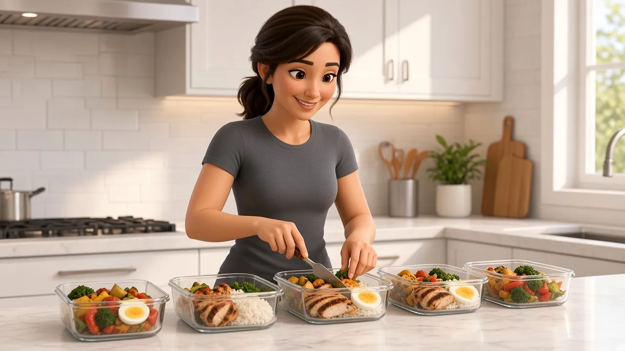 Illustrated character portioning chicken, rice, eggs and vegetables into meal-prep containers