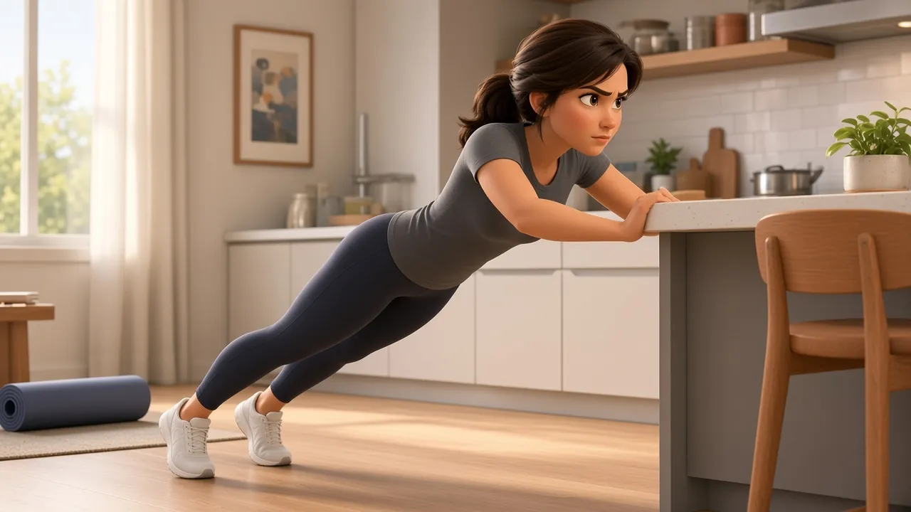 Illustrated character doing an incline push-up on a kitchen counter at home