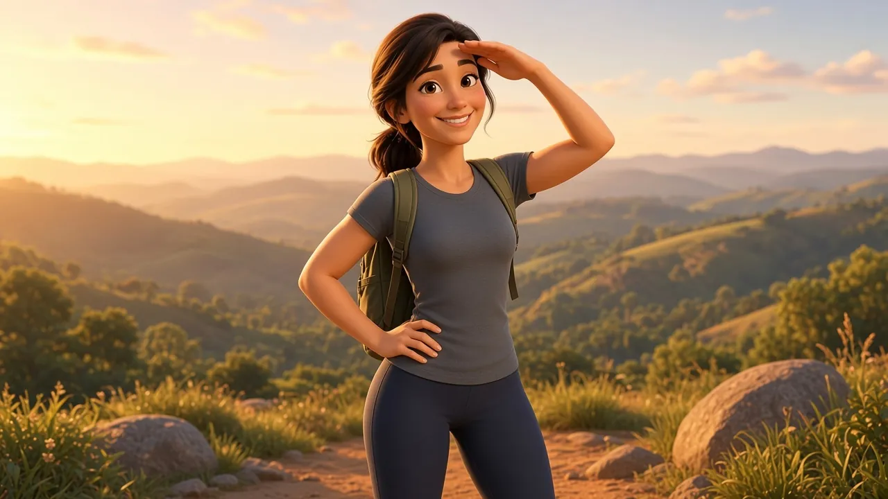 Illustrated character, lean and strong, smiling on a sunny hiking trail